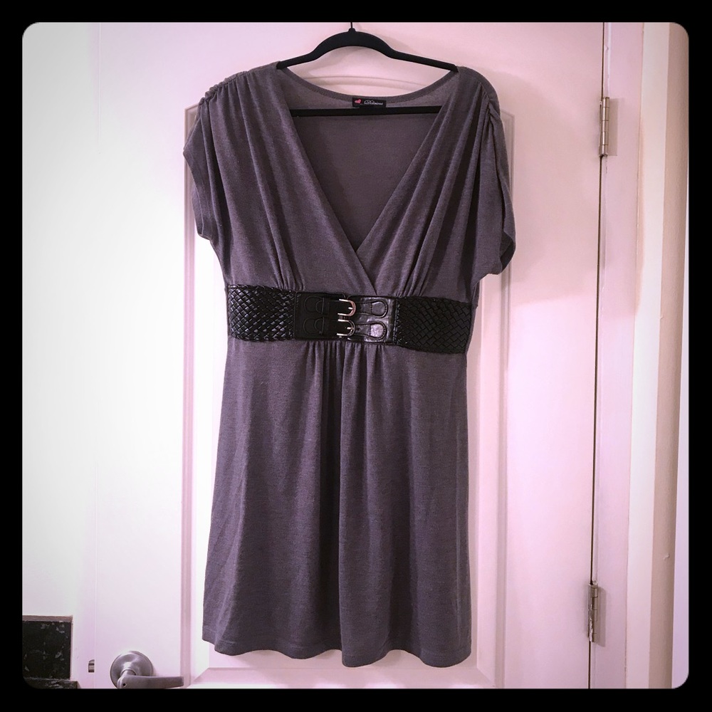 Grey and Black Dress with Faux Leather Belt
